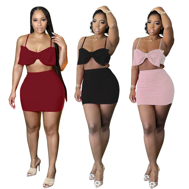 

bow-knot sexy two piece set shorts set women tracksuit women party night club 2 piece short set bodycon skirt and crop tops