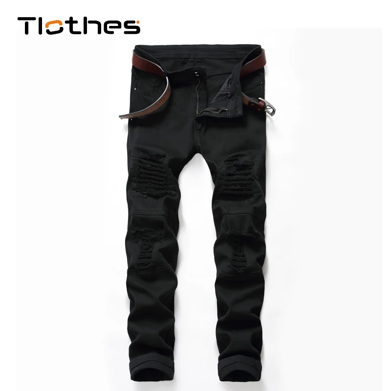 

Джинсы мужские рваные в уличном стиле, облегающие брюки из денима с дырками, мотоциклетные джинсы, брюки-слаксы, черные