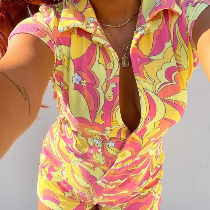 

2021 Yellow Summer Y2K Short Sleeve Romper Women Beach Sexy V Neck Party Playsuit Casual Print Overalls Fashion Bodysuit Woman