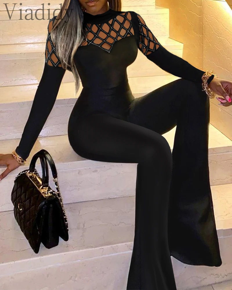 

Women Rhinestone Cut Out Flare Leg Jumpsuit