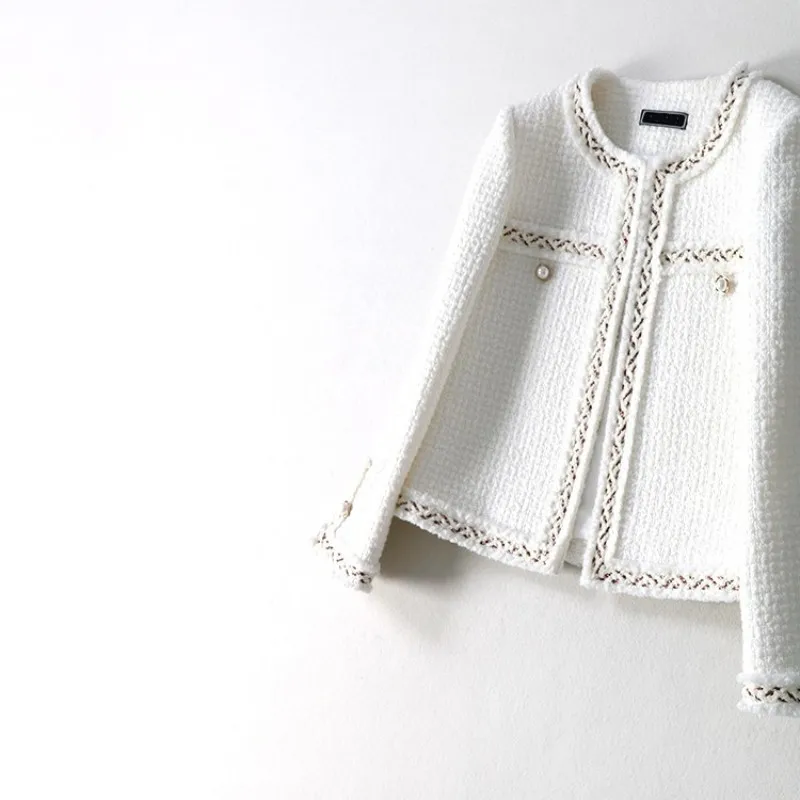 

Женское Короткое шерстяное пальто, облегающая куртка из твида белого твила для офиса, верхняя одежда для весны и осени