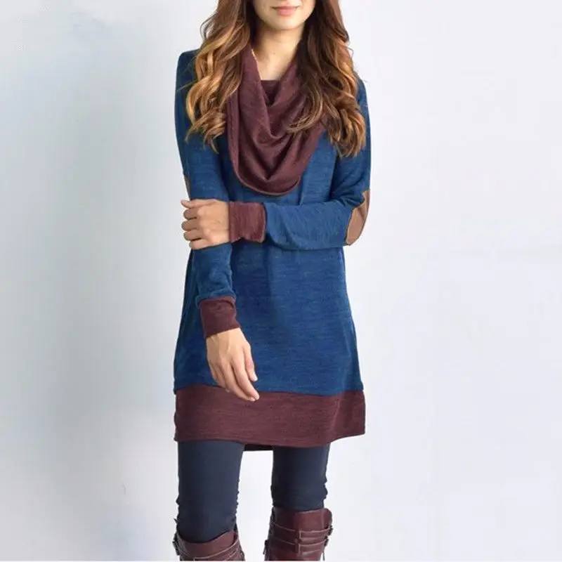 

2018 New Women Long Sleeve Patchwork Pullover Elbow Patches Cowl Neck Femme Long Tops Casual Spring Autumn Blouse Shirts Thin