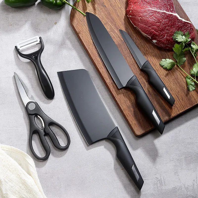 

Stainless Steel Kitchen Knife Chef Utility Slicer Paring Knives Peeler Set Black Zirconia Blade Cooking Meat Cutter Scissors
