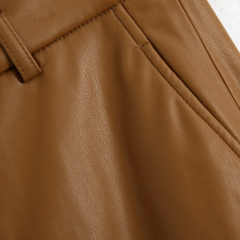 

Women fashion solid PU leather straight pants female zipper fly casual slim long Trousers chic autumn business pants P935