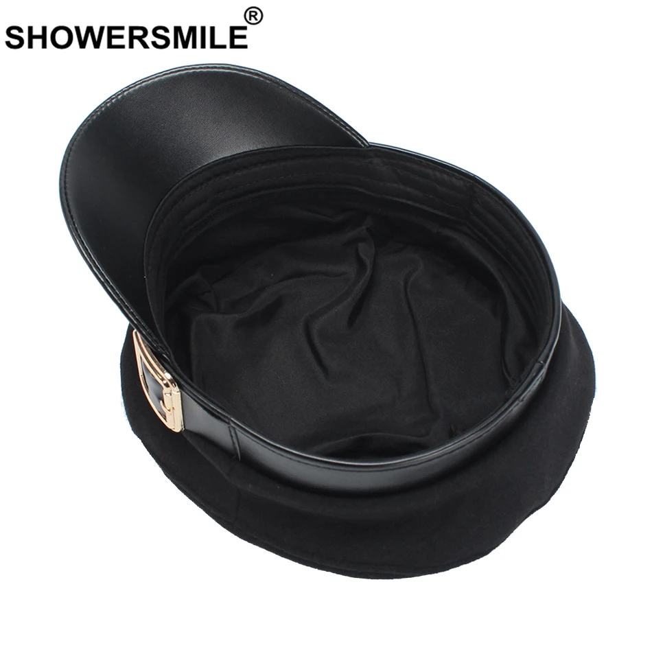 SHOWERSMILE, женская военная шапка, шерстяная, осенняя, женская, плоская, Армейская, с пряжкой, французская, кожаная, с полями, для женщин, черная, капитан, моряк, шляпа
