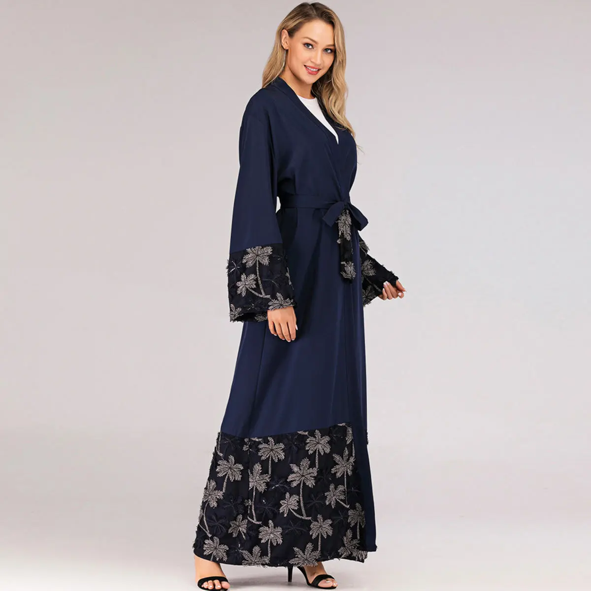 Women's Fashion Loose Muslim National Style Robe Mesh Stitching Embroidery Cardigan Blue | Тематическая одежда и