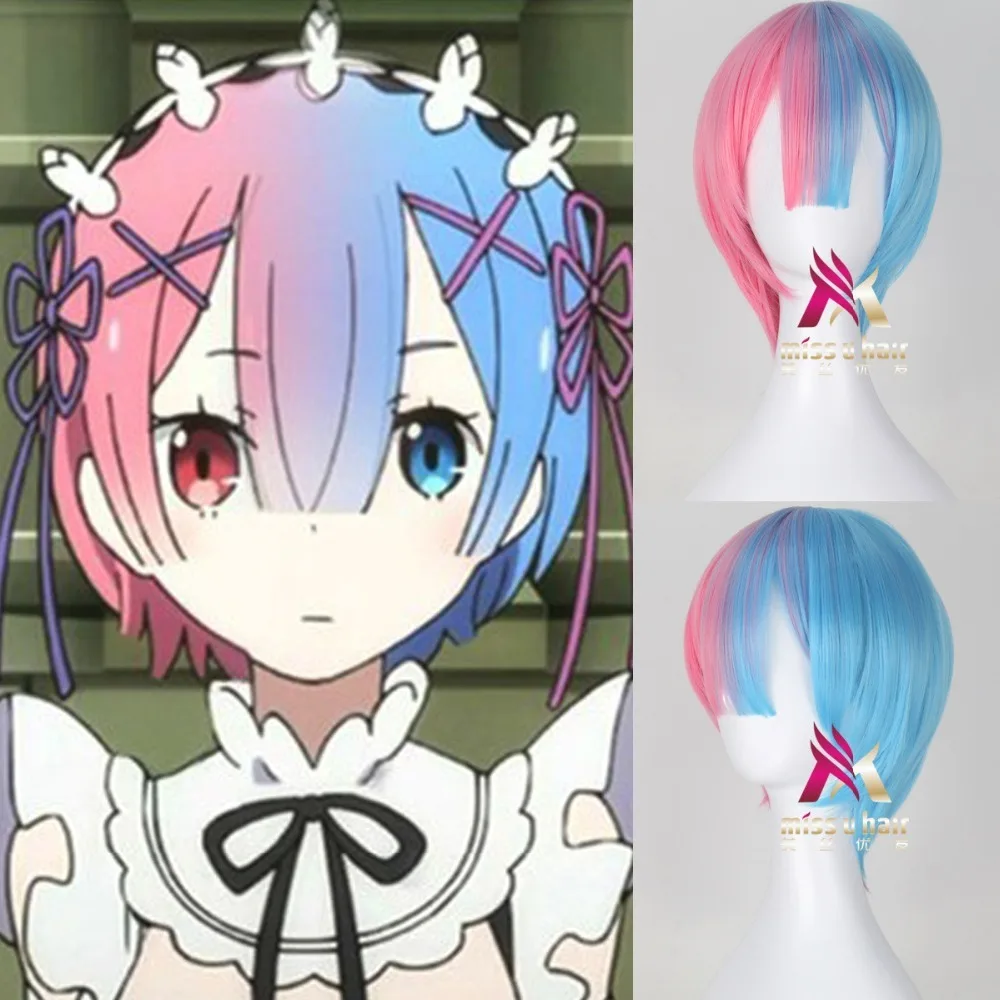 

Rem Ram Wig Cosplay Costume Re:Life In A Different World From Zero Halloween Short Pink Blue Synthetic Hair Women Wigs +wig cap