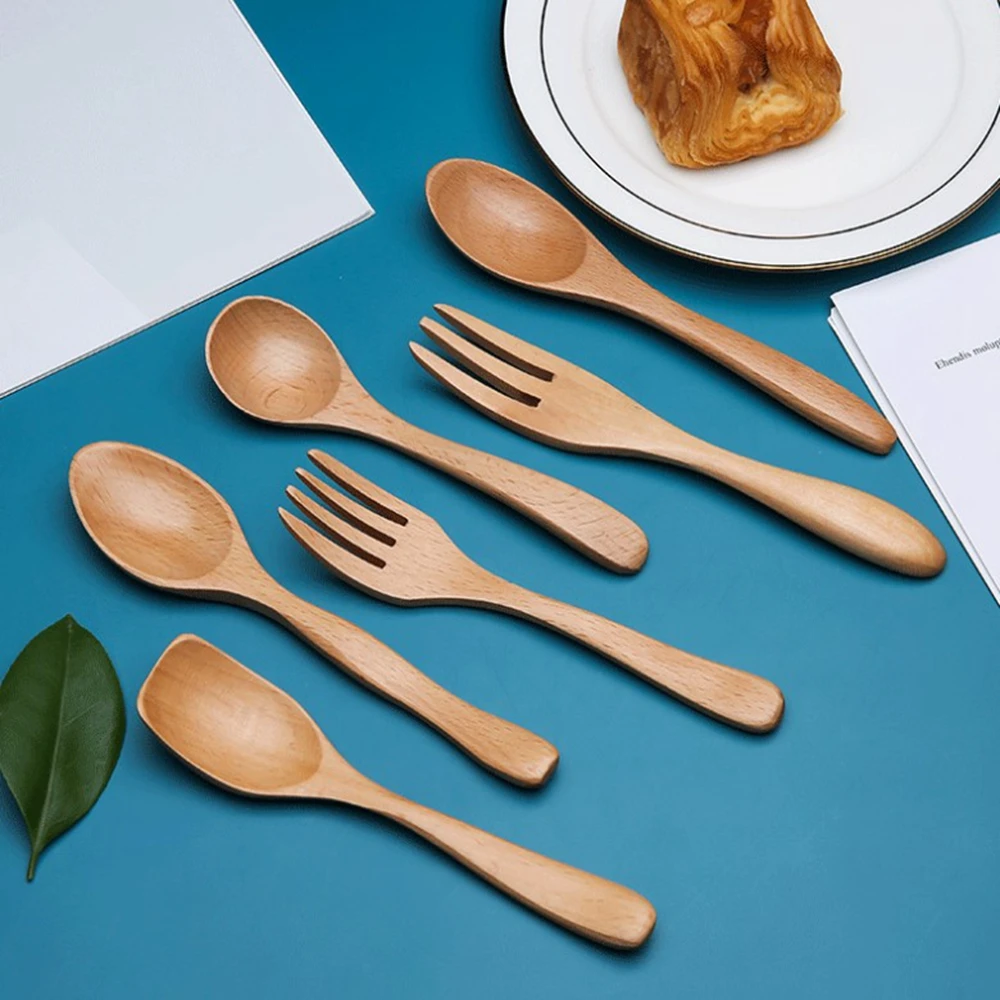 

Japanese Style Long Handle Wooden Spoon Fork Natural Solid Wood Soup Scoop Tea Spoons Tableware Porridge Dessert Stirring Spoon