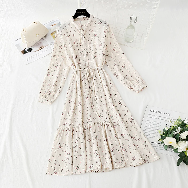 Повседневное шифоновое черное Цветочное платье с длинным рукавом FINEWORDS