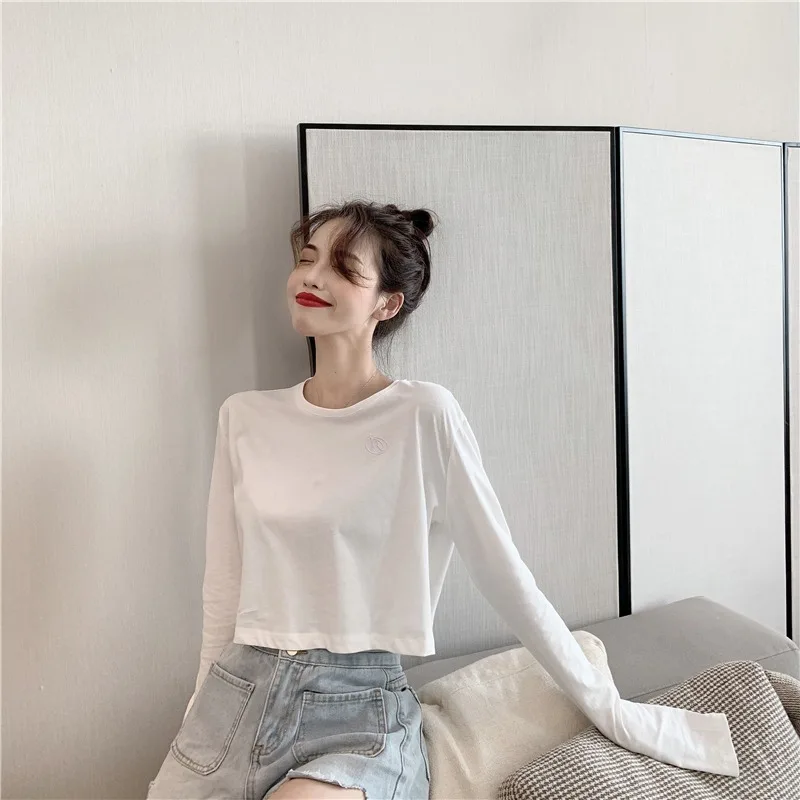 

GOOHOJIO 2020 New Solid Color Black Long Sleeve Tops Women Harajuku Chic T-shirts Womens Tshirts Autumn Vintage Women Tshirts