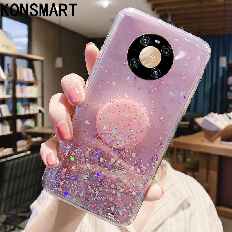 

Чехол-накладка KONSMART для Huawei Mate 40 Pro, прозрачный, с держателем, с блестками и звездами, 2020