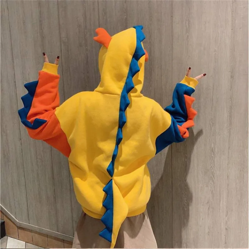 

Autumn Winter Woman Hoodie Plus velvet Hooded Cute dinosaur Preppy style Loose pullovers Oversize 2020 HOT sudaderas mujer