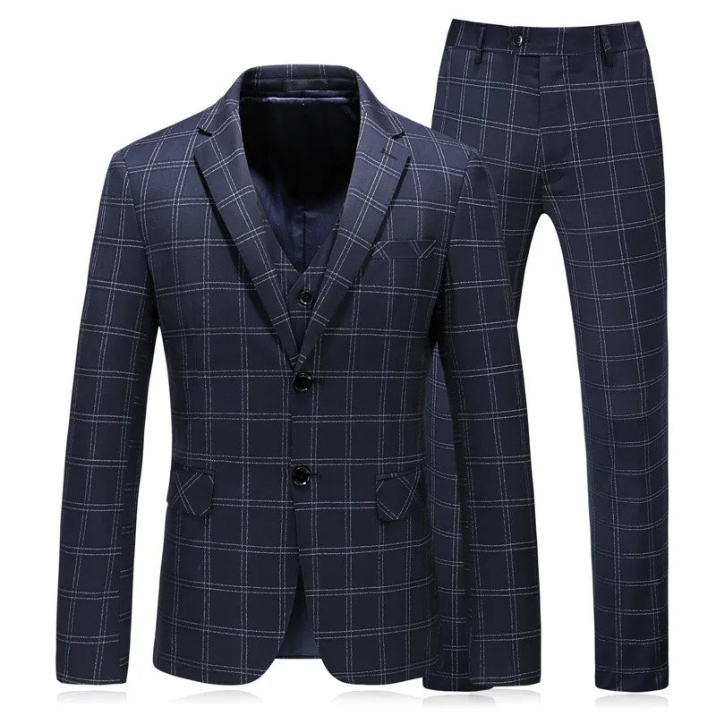 

Autumn and winter plus size British suit men's suit Korean slim three piece Plaid suit trend wedding dress