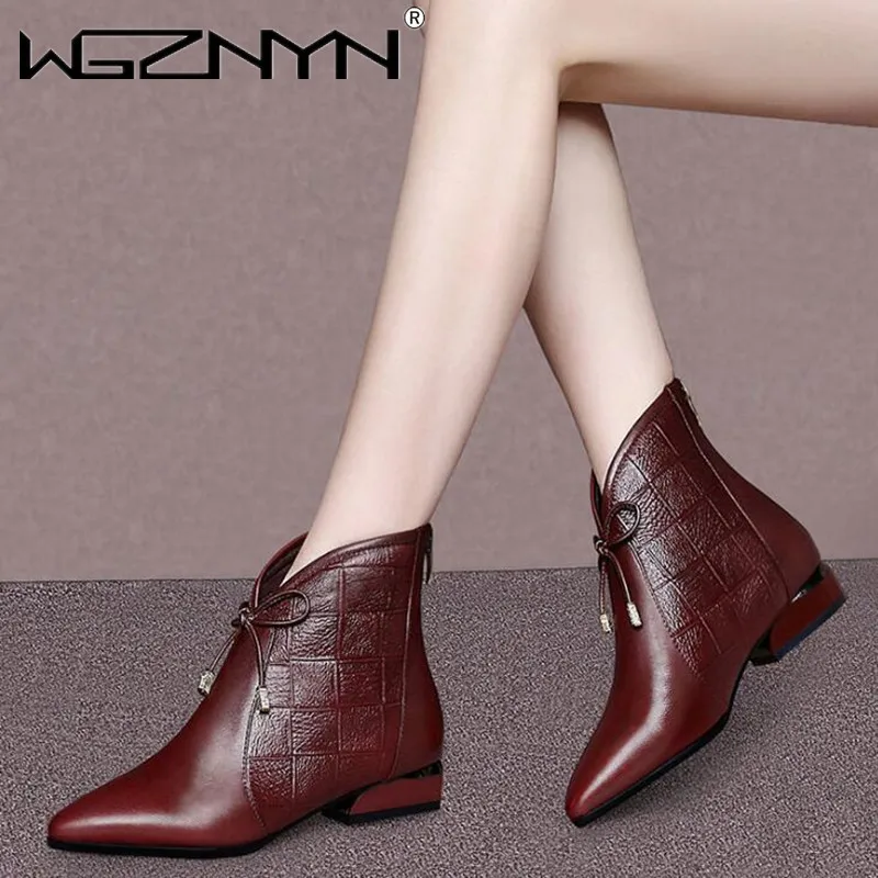 

New Ankle Boots Women Pointed Toe Thick Heels Genuine PU Leather Shoe Short Boots Soft Sole Footwear Woman Shoes High Heels Sexy