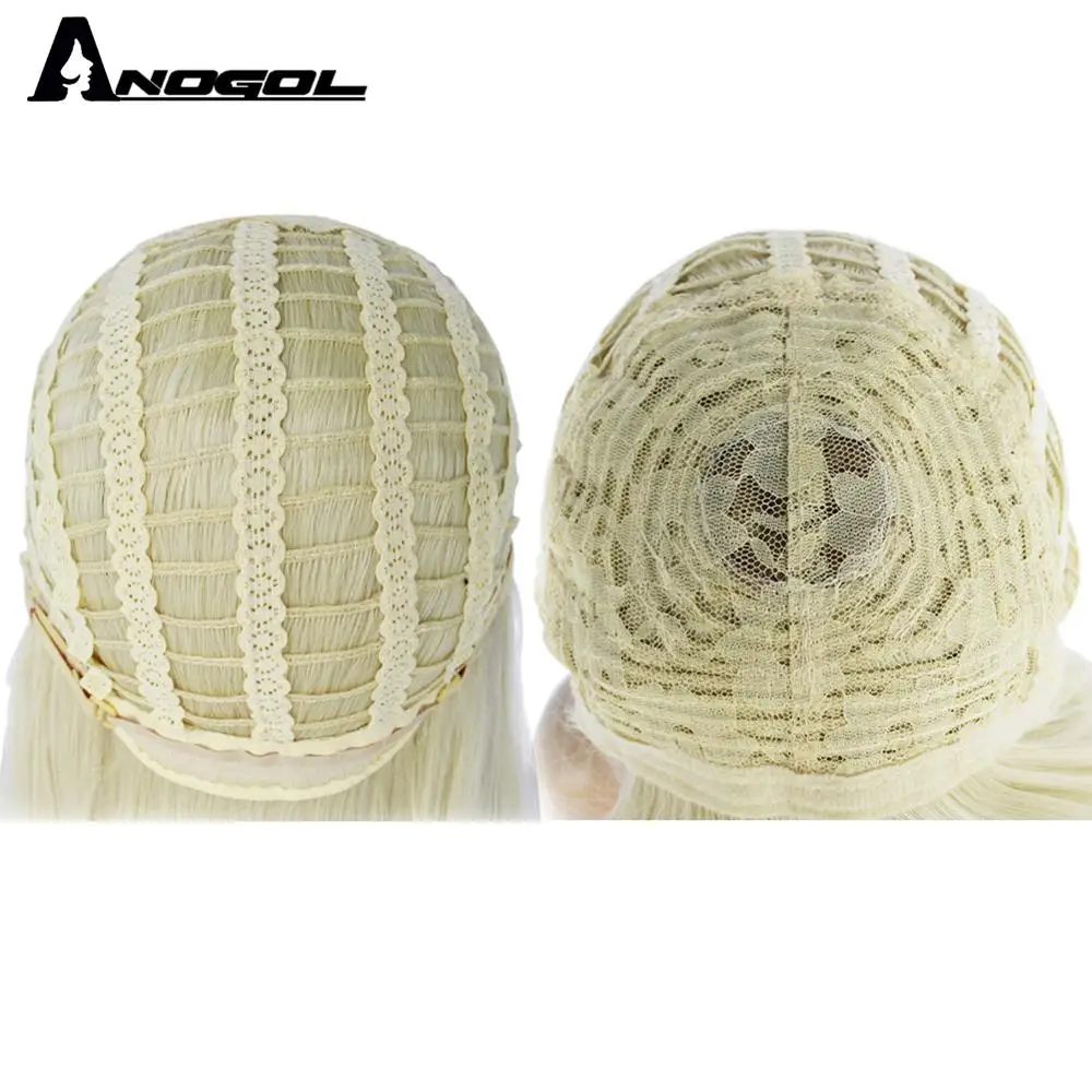 

Anogol Wig Short Deep Wave Pink White Wigs With Bangs for Women Hair Layered Heat Resistant Cosplay Party Synthetic Wigs