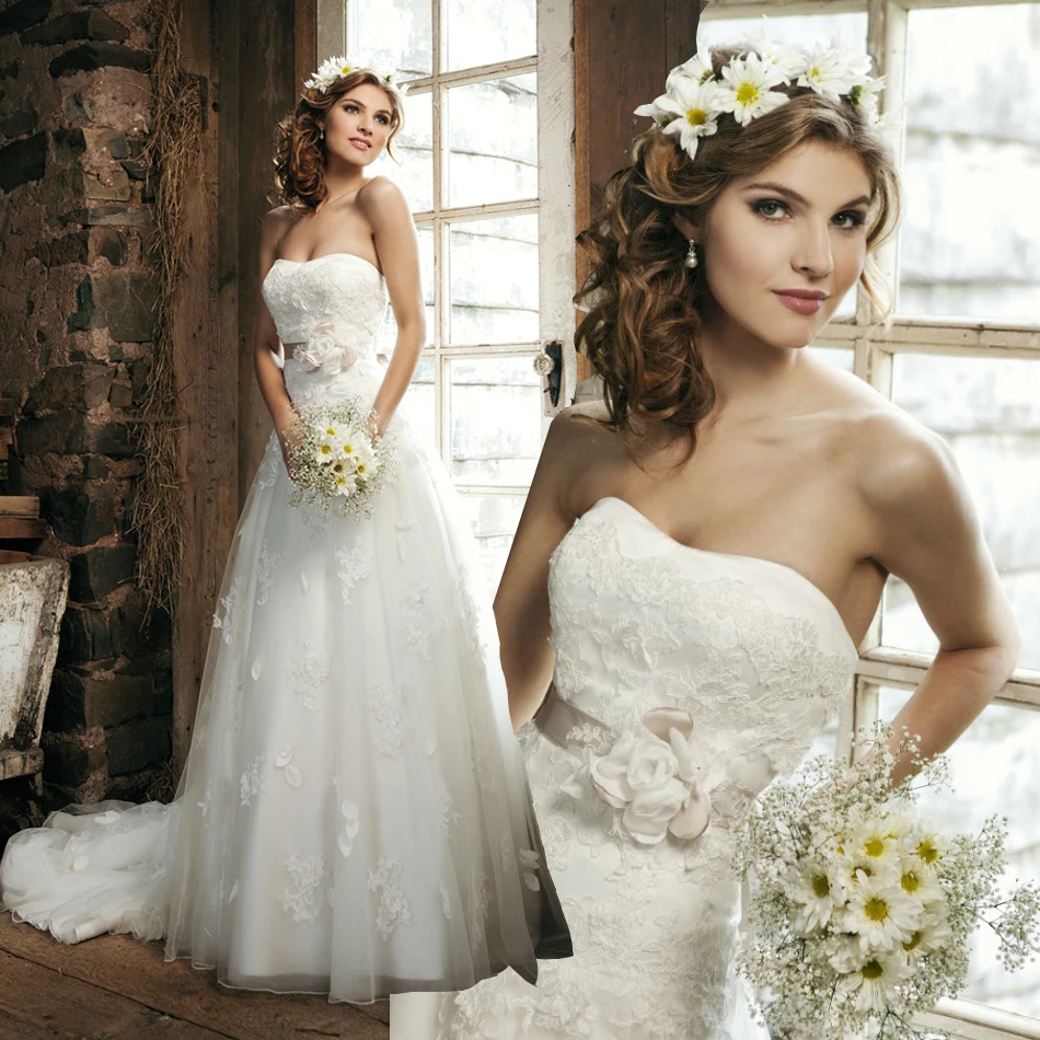 

summer appliques flowers sashes new tulle casamento vestido de noiva lace wedding dress 2016 hot sale sweetangel Bridal Gown