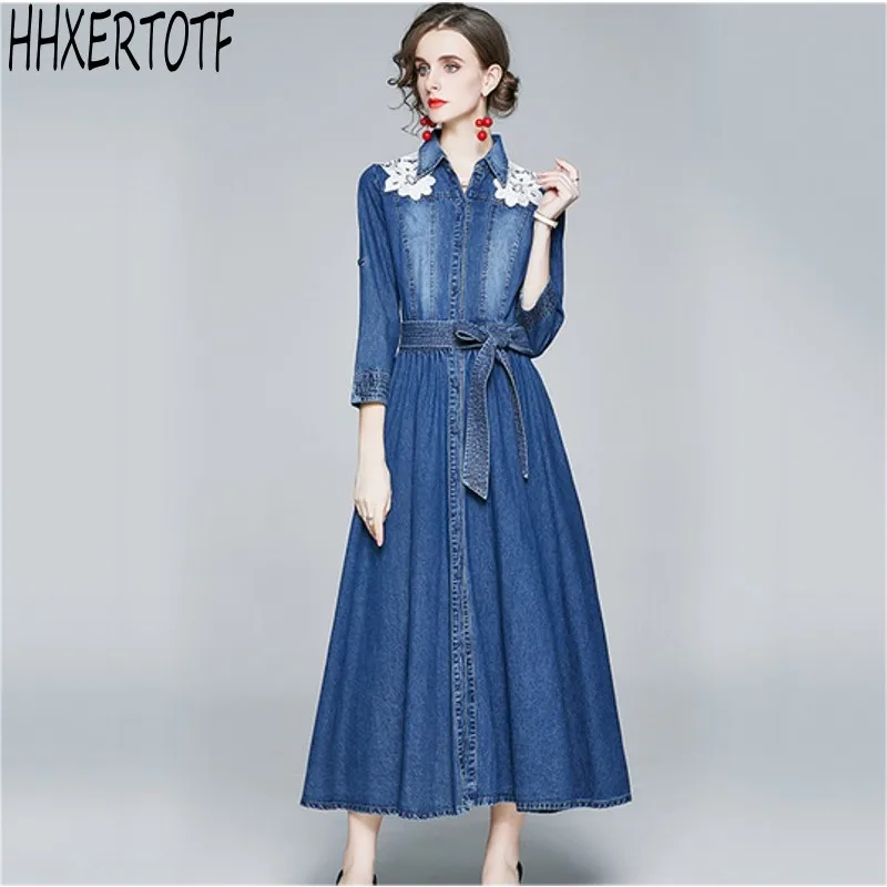 

High Quality 2020 Autumn winter Elegant Denim Dress Long sleeve turn down collar denim dress