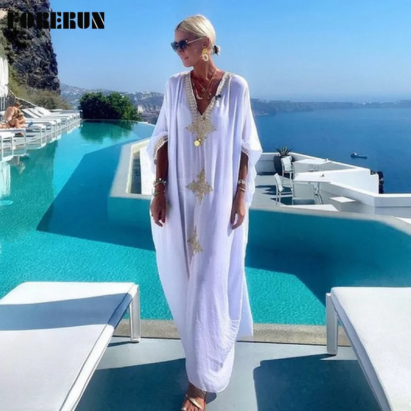 

FORERUN Gold Embroidered Kaftan Beach Dress Women White Long V Neck Tunic Pareos De Playa Mujer Summer Bikini Cover Up