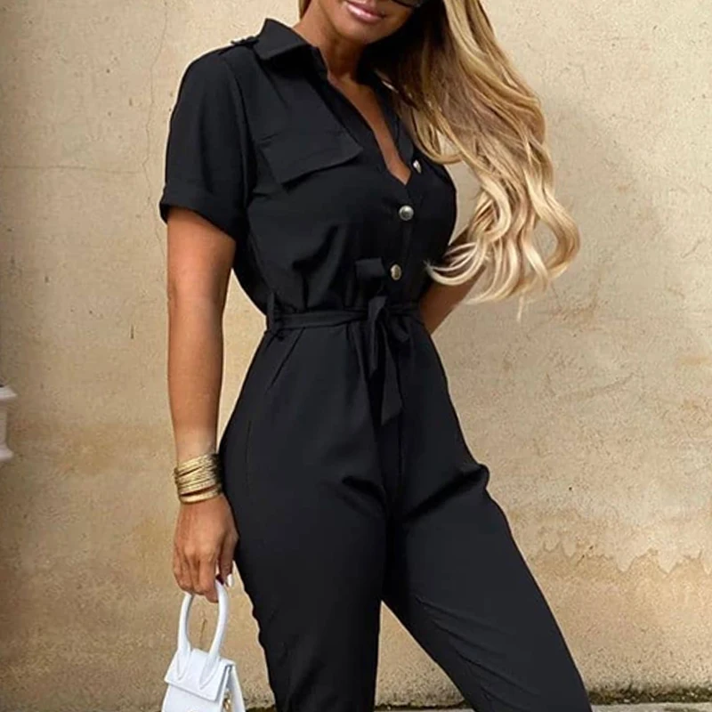 2020 Модный женский черный комбинезон повседневный летний Боди с поясом футболки