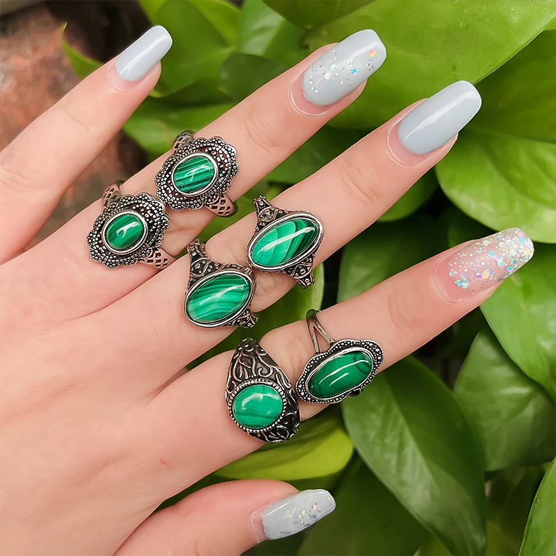 

Богемные ювелирные изделия ручной работы, подарок, кольца из натурального малахата для женщин, очаровательные кольца с кристаллами для дня ...