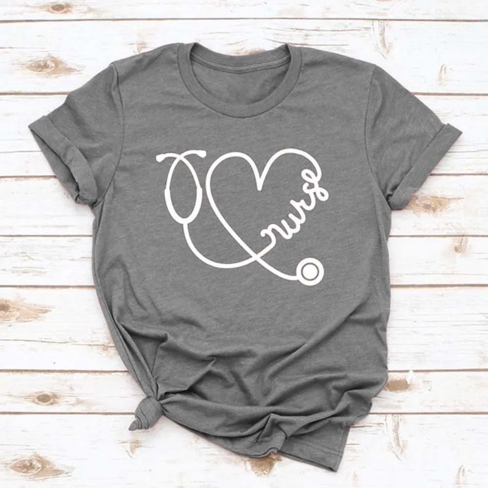 

Summer T-ishirt Nurse Stethoscope Heart Print Women Short Sleeve O-Neck Loose Women Tshirt Ladies Tee Shirt Tops Clothes