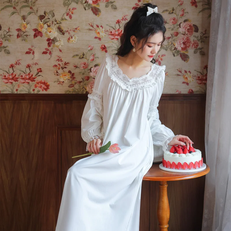 

Long sleeve nightdress women's cotton spring palace Princess lace sweet outside home wear loose size pajamas autumn