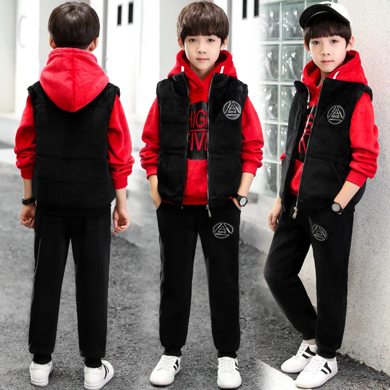 Fall Winter Contrast Color Children Sportswear Teen Kids Boy Pullover Tops+ Thick Warm Waistcoat+ Solid Color Trousers Sport Set