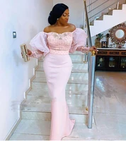 aso ebi mermaid prom dresses trumpet sleeve off shoulder pink evening gowns chiffon floor length formal party dress