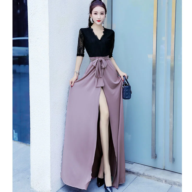 

Women's V-neck Shirt Split Dress Elegant Spring Summer Beach Bottoming Thin Sexy Waist Closing Lace Long Party Dresses Big Sizes