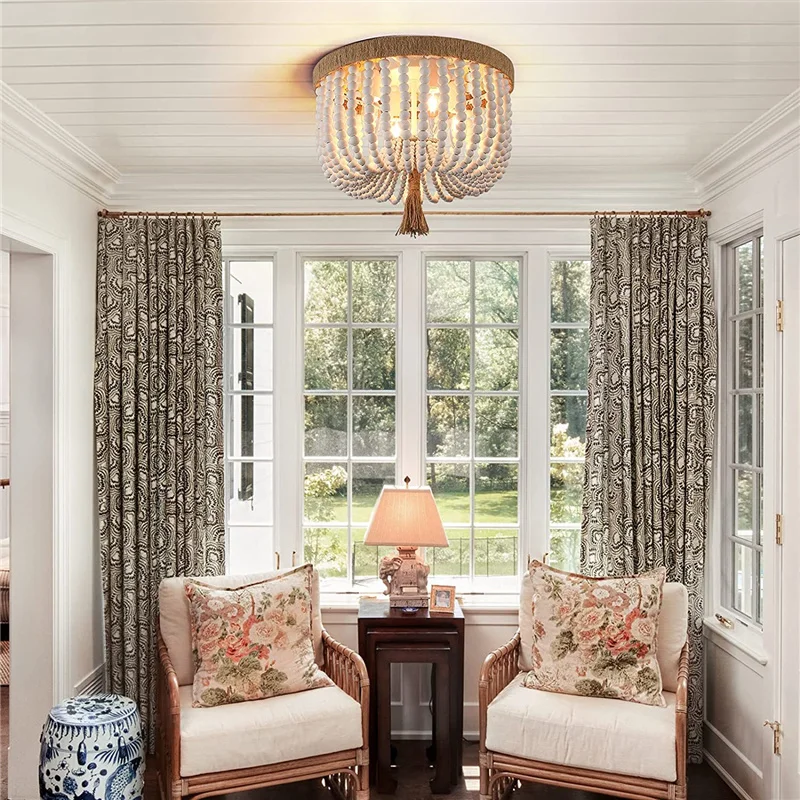 Скандинавская потолочная лампа деревянная люстра с бусинами в стиле ретро белый