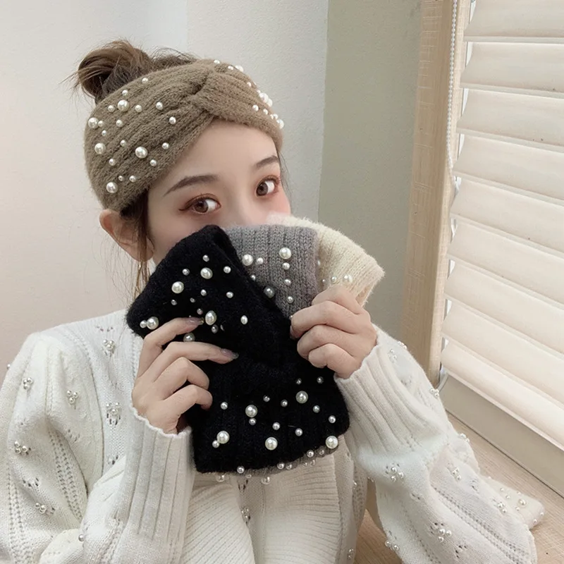 

Hairband Women Autumn Winter Knitted Wool Hair Band Wide-Brimmed Headband Japanese Korean Pearl Hair Accessories Hat Headbands