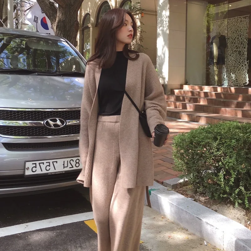 BGTEEVER Sweater Tracksuit V-neck Lace Up Pullovers &amp Loose Pants Women Set Knitted Suit Winter 2 Pieces Female 2019 | Женская одежда