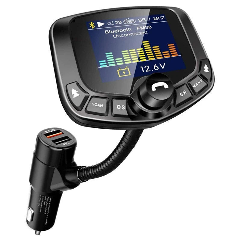 

Bluetooth FM Transmitter for Car 1.8Inch Screen Wireless Radio Adapter Handsfree Car Kit with QC3.0 & 5V2.4A Charging