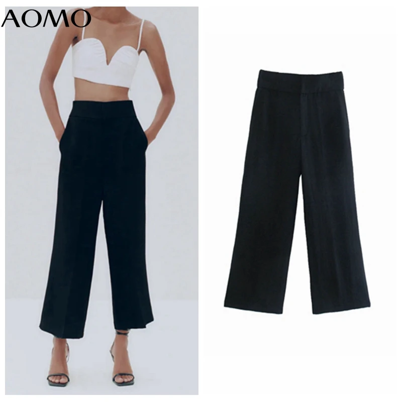 

AOMO Fashion Women Black Crop Suit Pants Trousers Pockets Buttons Office Lady Pants Pantalon JE168A