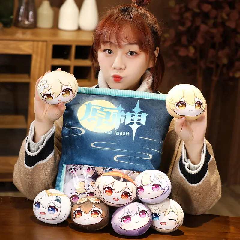 

8pcs/set Genshin Impact Pillow Anime Doll Paimon Klee Qiqi Aether Lumine Cosplay A Big Bag Round Cute Toys Accessories Gifts