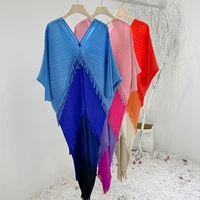plus size dress for women 45 75kg 2021 autumn contrast color patchwork v neck batwing sleeves tassels stretch miyake pleated