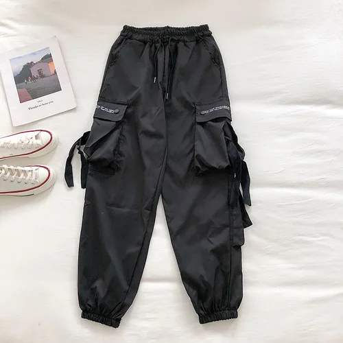 black pants Neploe женские брюки с высокой талией, со шнуровкой, брюки карго, однотонные, с большими карманами, свободные брюки в стиле хип-хоп, уличная одежда, новые модные тренировочные брюки 90239 - Color: black pants