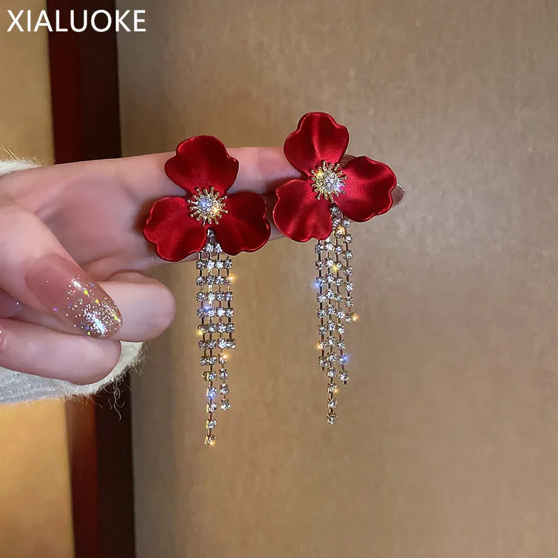 Женские серьги-подвески XIALUOKE элегантные вечерние с красными цветами и