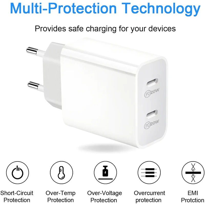 Сетевое зарядное устройство с двумя USB-портами 40 Вт евровилкой/американской