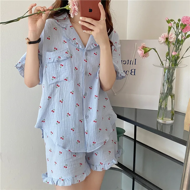 Pajamas Women's 2021 Summer New Product Sweet Soft Cotton Short Sleeve Suit Nightgown Housewear Female Sleepwear Lady Nightwear