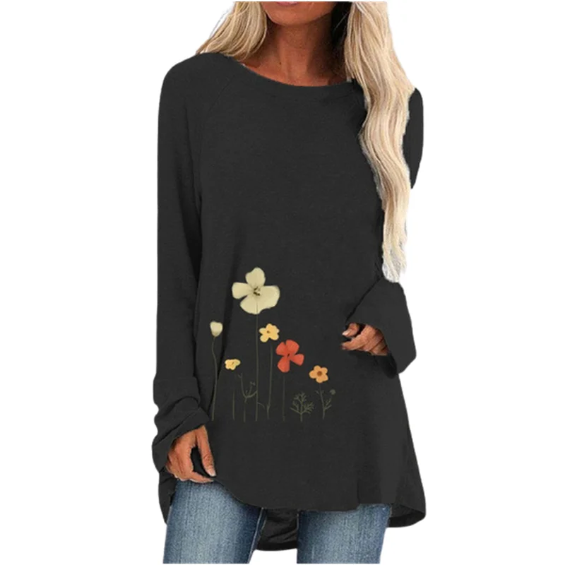 Spring And Autumn Shirt Large Size O-Neck Fashion T-Shirt 2021 Floral Print Long Sleeve Loose Casual Top Street Wear