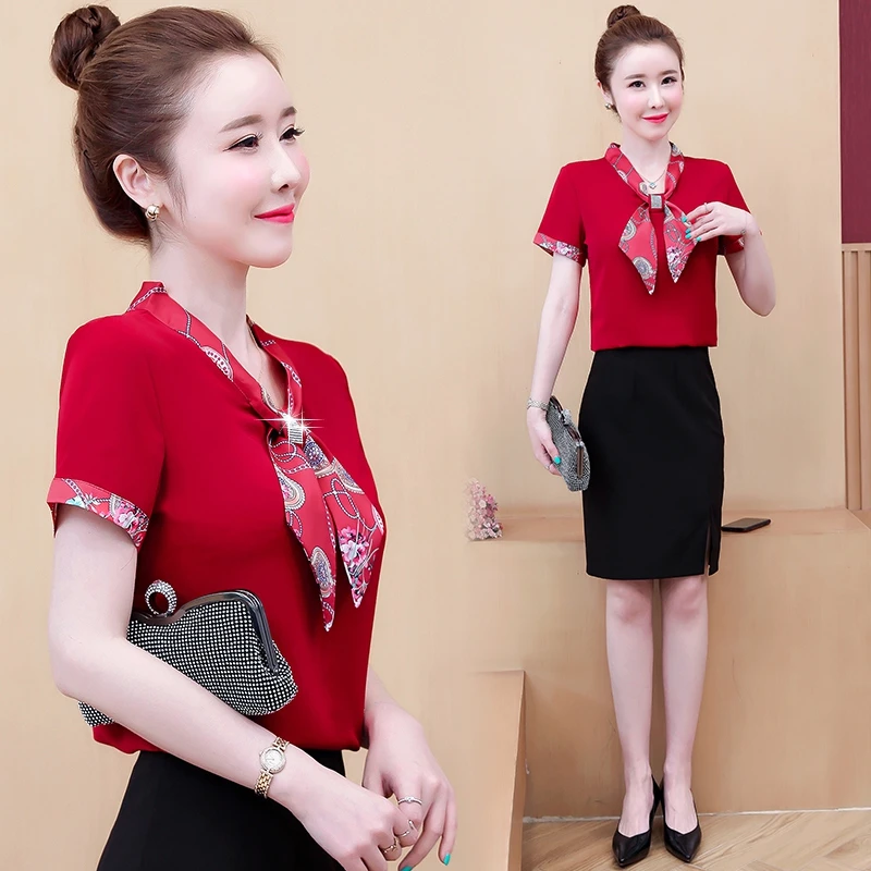 

Fashion Print Bow Short Sleeve Chiffon Blouse Women Shirts Summer Korean Office Womens Tops and Blouses Plus Size Camisas Mujer