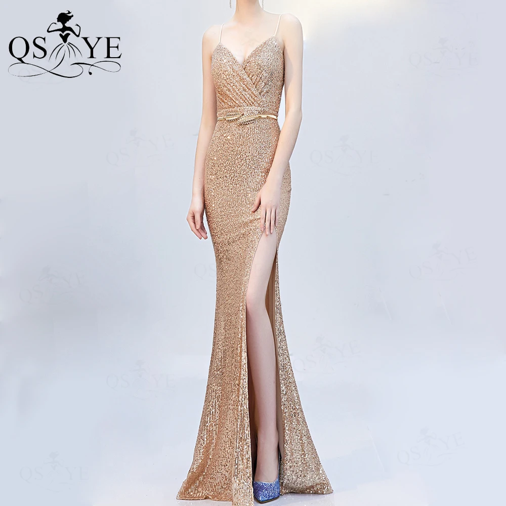 

Sparkle Golden Evening Dresses Shoulder Straps Cheap Prom Gown Sequin Long Party Dress Glitter Ruched V Neck Women Formal Gown E