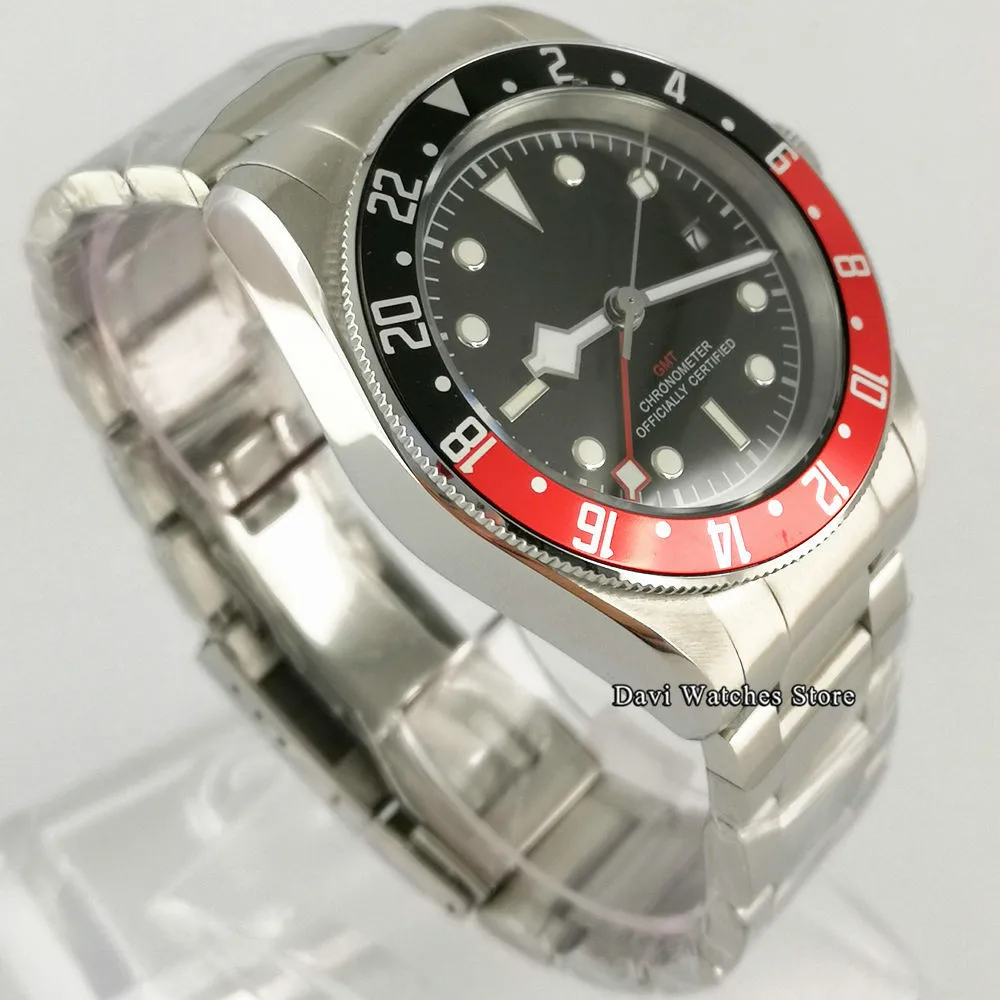 Corgeut 41 мм класса Люкс Для мужчин часы с черным циферблатом сплав ободок GMT