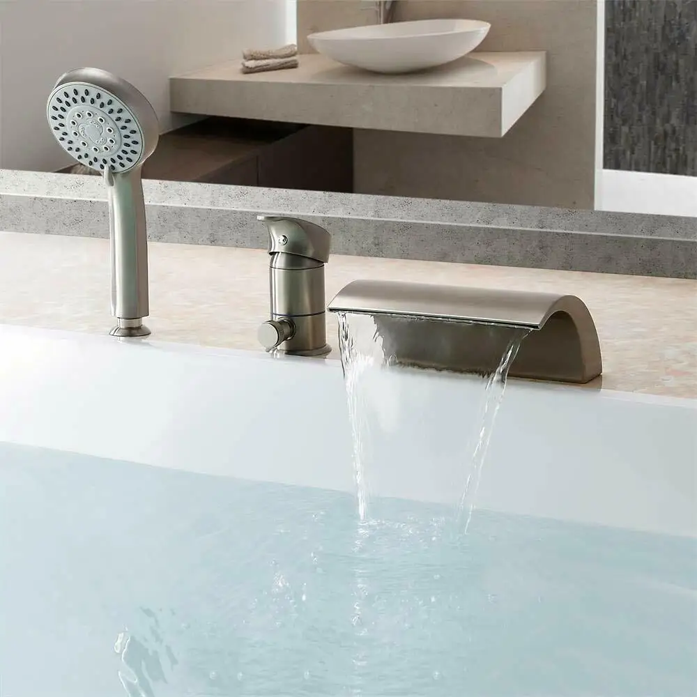 

Classic Brushed Nickel Roman Tub Faucet Waterfall Spout Bathtub Filler& Handshower Set deck mounted