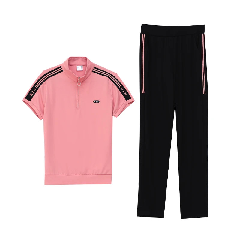 

Summer New Fashion Suit Loose Short Sleeved Stand Collar Top and Trousers Two Piece Set Plus Size Women Clohtes Orange Blue Pink