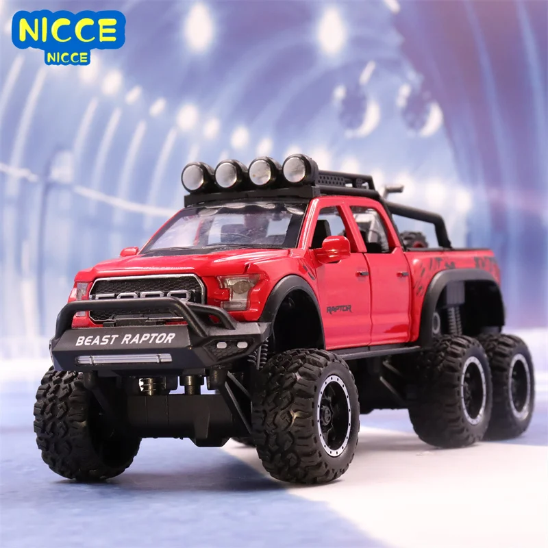 

Nicce 1:28 имитация пикапа Ford Raptor F150 6*6 с опто-акустическим возвратом, Детская Игрушечная модель автомобиля на день рождения, новый год A184