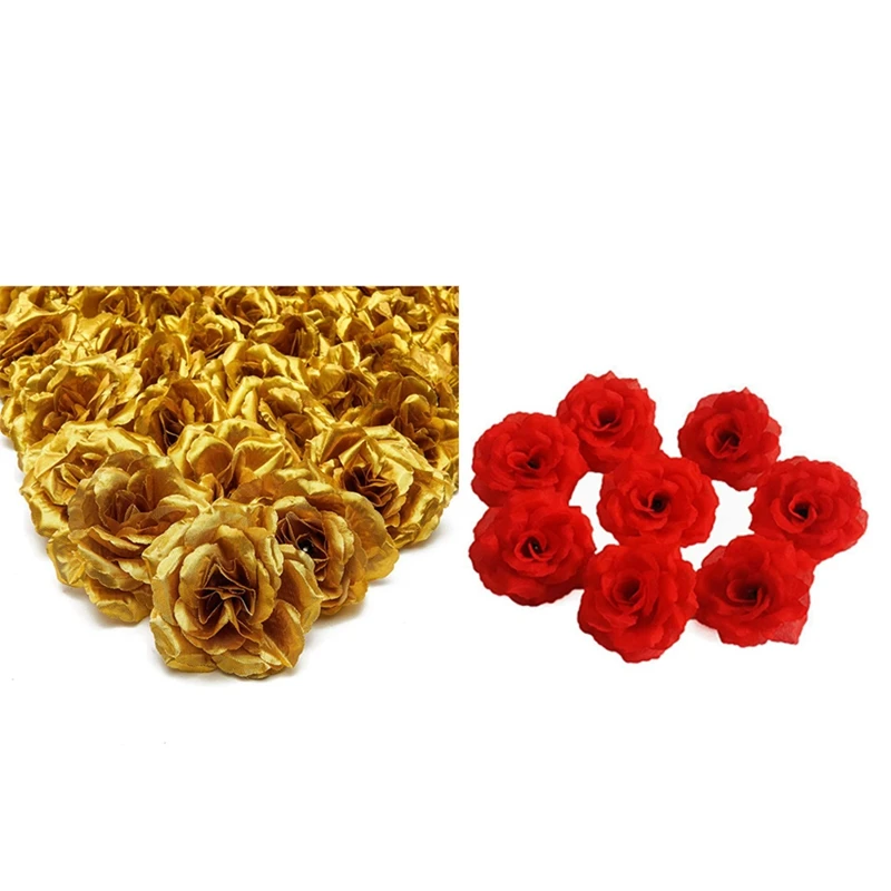 

100X искусственные цветы, шелковые розы, цветочные головки для украшения шляп, одежды, альбомов, свадебное украшение (золото и красный)