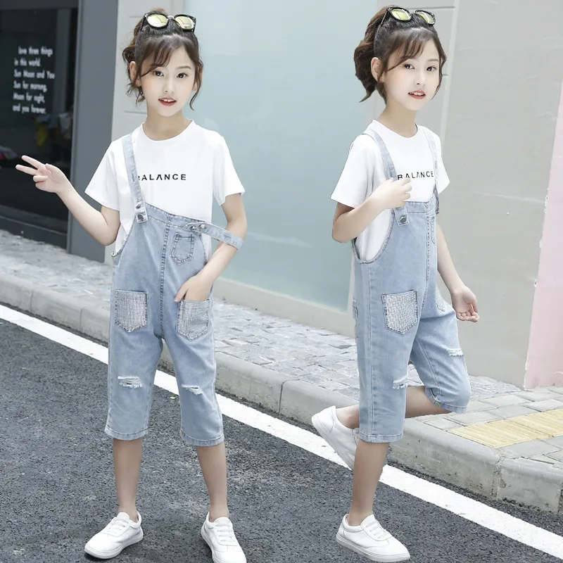 

DIIMUU Baby Girls Clothing Sets 2pcs Children Wear T-shirt + Denim Overalls 4-13 Years Fashion Cotton Tops Kids Summer Outfits