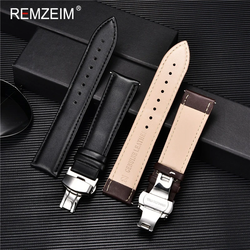 REMZEIM Calfskin Leather Watchband Soft Material Watch Band Wrist Strap 18mm 20mm 22mm 24mm Stainless Steel Butterfly Buckle